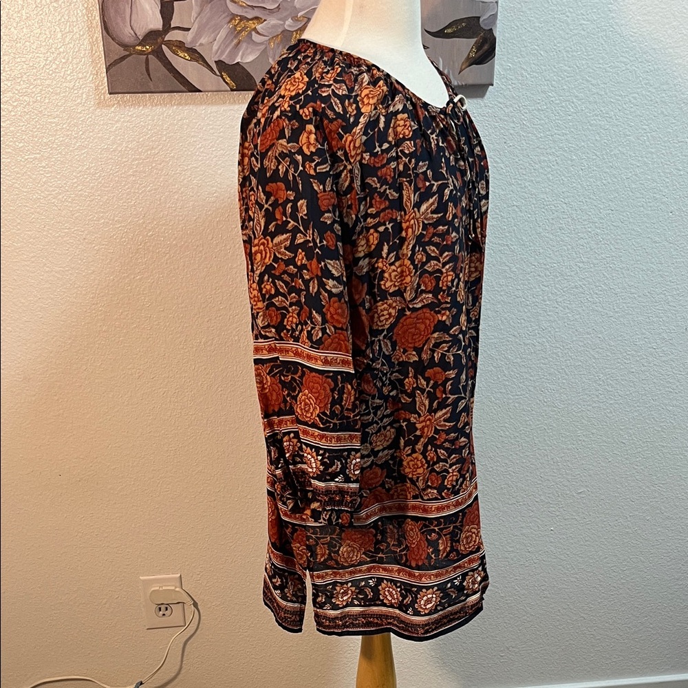 NWOT Lucky Brand Boho Floral Tie-Neck Peasant Top - Black & Rust - Picture 4 of 8